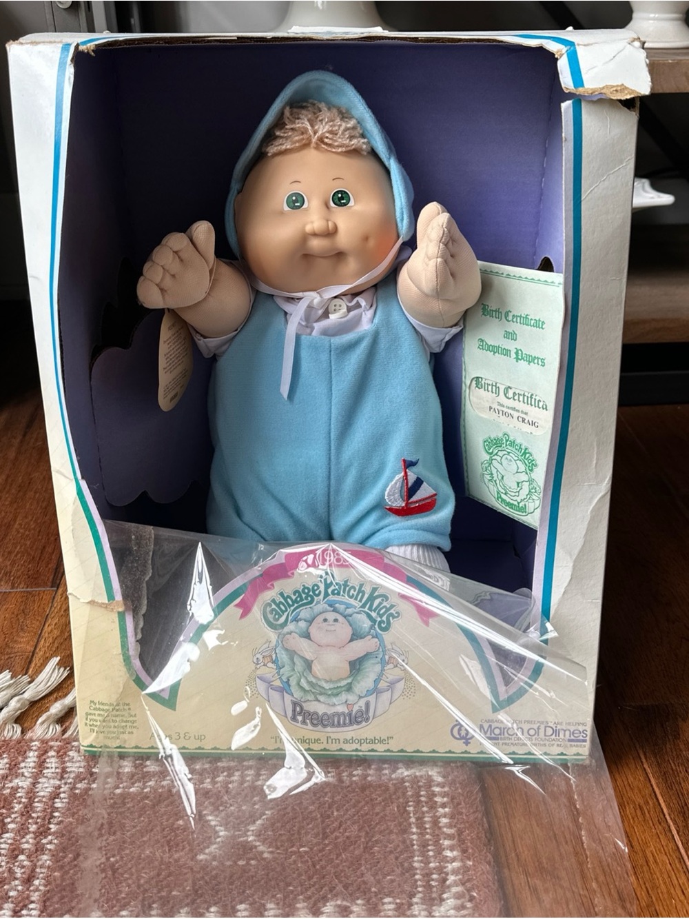 1985 Cabbage Patch Kids preemie NIB green Eyes blond hair baby doll coleco 3870